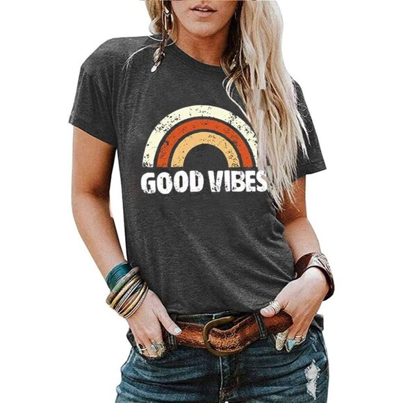 🆕Women Orange Cotton Good Vibes Rainbow Tank T-Shirt Blouse Casual Jean Top - Picture 1 of 5
